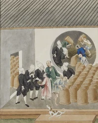 Turbanierte niederländische VOC-Händler riechen Tee zur Qualitätsprüfung in einem Tee-Lagerhaus in Kanton (Guangzhou), ca. 1770